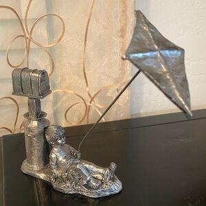Vintage pewter figurine, kid with kite, cream can mail box